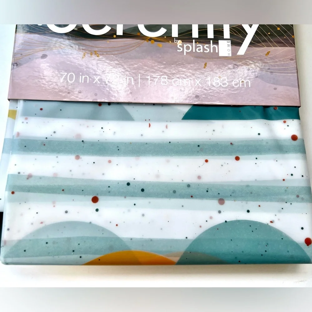 Serenity Splash Geometric Peva Shower Curtain Golden Yellow Blue Rust Red Spa